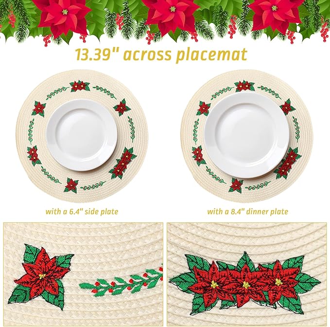 Whaline 4Pcs Round Christmas Flower Placemats Embroidered Xmas Poinsettia Place Mats Decorative Dinner Table Mats for Holiday Party Decor
