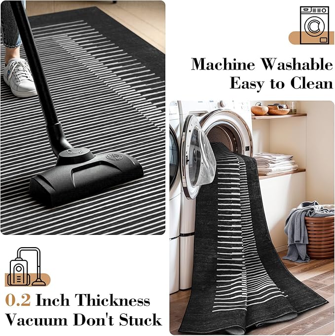 Wonnitar Washable Striped 5x7 Washable Area Rug, Non-Slip Black Berber Stripe Rugs for Living Room, Low Pile Minimalist Floor Carpet Rugs for Bedroom Dining Room Home Office (Black,5' x 7')