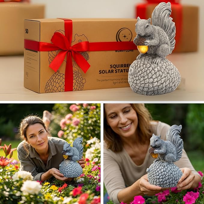 Solar Garden Statue – Hand-Painted Resin Squirrel on Pinecone with Glowing LED Acorn – Charming Yard, Patio & Balcony Decor – Gift for Mom, Grandma & Garden Lovers