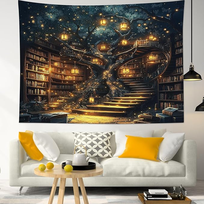 HVEST Fantasy Library Bookshelf Wall Tapestry Fairytale Tree Magic Bookshelf Tapestry Wall Hanging Retro Vintage Tapestries for Classroom Study Room Bedroom Living Room Dorm, 70.9L x 92.5W Inches