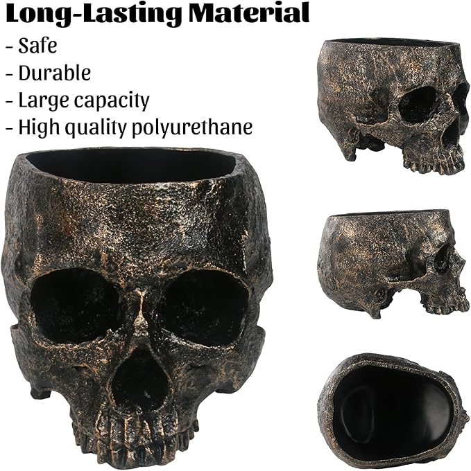 7lb Capacity Extra Large Halloween Skull Candy Dish - Deep Skull Head Halloween Candy Bowl Holder Artificial Resin Skulls Decor Indoor Outdoor Table Centerpieces Flower Pot Plant Office Pen Holder