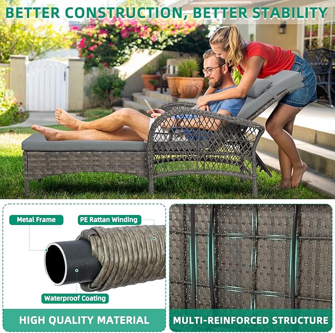 VIVIJASON 3 Pieces Outdoor Wicker Chaise Lounge Chair Set, All-Weather PE Rattan Cushioned Patio Lounger Set of 2 with Side Table, Adjustable Pool Sunbathing Recliner with Armrest & Pillow, Gray