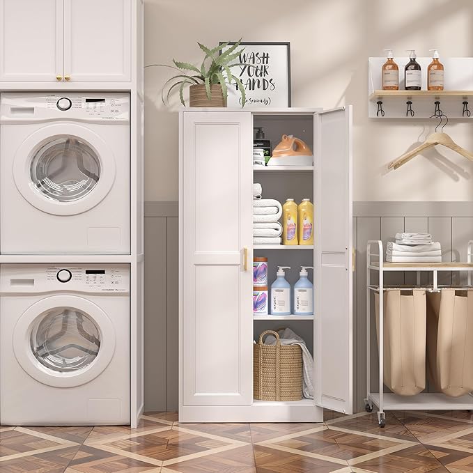 Kitchen Cabinet Storage,60”Metal Pantry Cabinet with Doors and 3 Adjustable Shelves,Food Pantry Cabinets with 2 Gold Handles,White Tall Storage Cabinet for Livingroom,Pantry,Bathroom,Kitchen