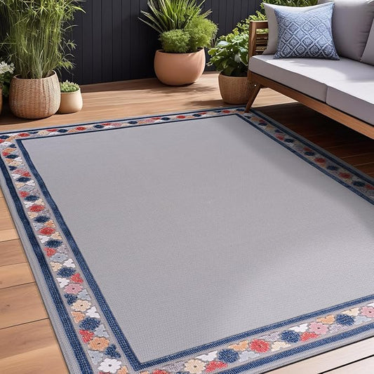 Beverly Rug Outdoor Rug 9x12 Modern Bordered Large Area Rugs for Indoor and Outdoor Patio Easy to Clean Non Shedding Living Room Porch Garden Washable Outside Carpet (9 x 12 Gray)