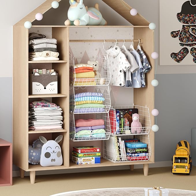 5 Tier Closet Hanging Organizer, Clothes Hanging Shelves with 4 Hanging Hooks 5 S Hooks, Wire Storage Basket Bins, for Clothing Sweaters Shoes Handbags Clutches Accessories Patent Design-White