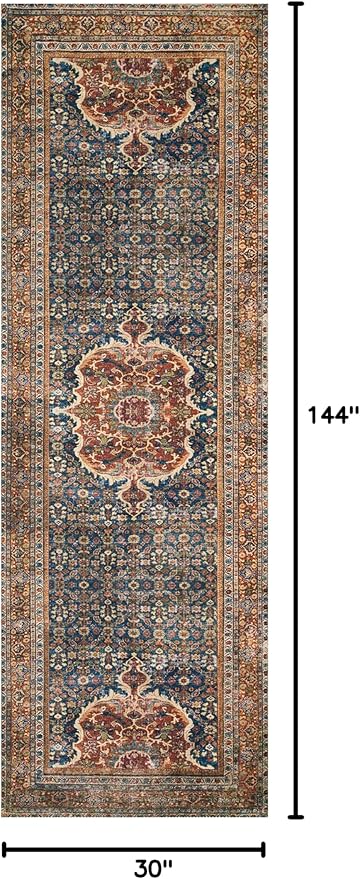 Loloi Layla Collection LAY-09 Cobalt Blue/Spice 2'-6" x 12'-0" .13" Thick Runner Rug, Soft, Durable, Vintage Inspired, Distressed, Low Pile, Non-Shedding, Easy Clean, Printed, Living Room Rug