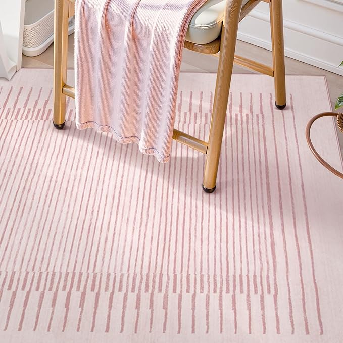 Wonnitar Striped Large Rugs for Living Room, Washable 9x12 Area Rugs for Bedroom, Non-Slip Soft Minimalist Pink Area Rug Throw Carpet for Nursery Playroom Guest Room (Pink,9' x 12')