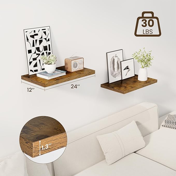 24" Floating Shelves for Wall, 12" Deep Slim Rustic Brown Floating Shelves, Wall-Mounted Shelves for Bedroom, Living Room, Kitchen, Bathroom - Set of 2