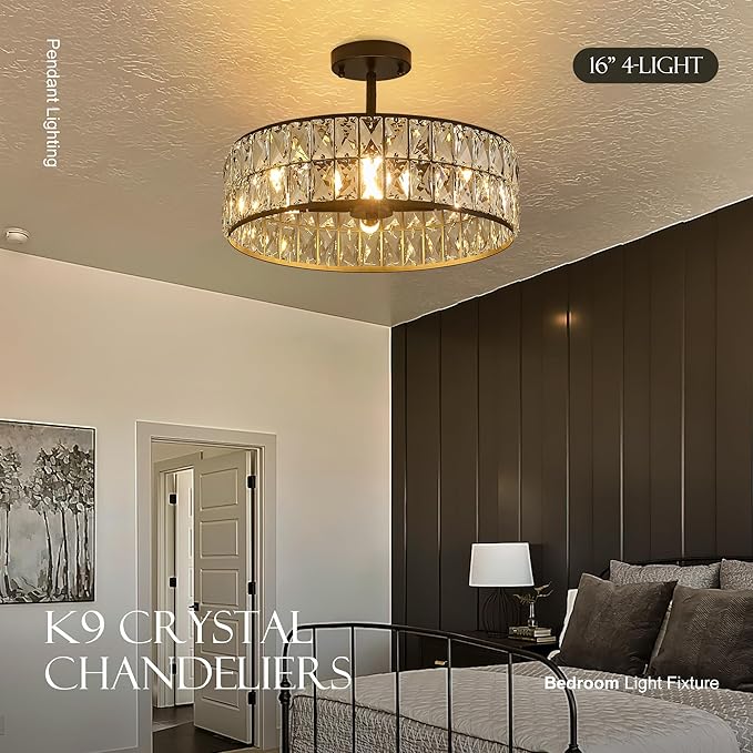 16” 4-Light Modern Crystal Chandeliers Black Dinning Room Light Fixture with Two Rods, Round Pendant Light Kitchen Island Chandelier, Flush Mount Ceiling Light for Living Room Entryway