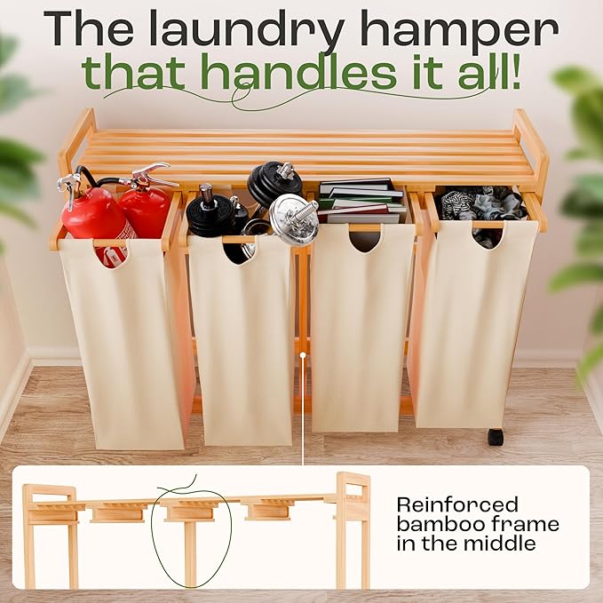 Laundry Sorter with 4 Sections beige, Hamper with Removable Cotton Bags & Wheels – Perfect Laundry Organizer - Eco-Friendly Rolling Laundry Basket – Durable Bamboo and Stylish Design