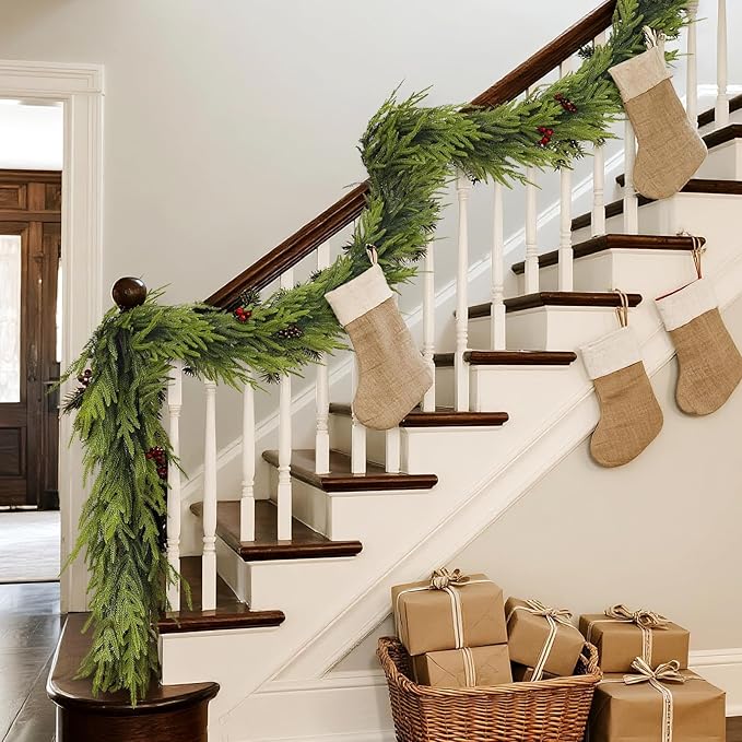 Artificial Norfolk Pine Garland - Faux Christmas Garland Fake Green Garland for Fireplace,Table, Stairs, Mantle, Window,Indoor Outdoor,Home,Holiday Decor (1 PCS,9 FT)