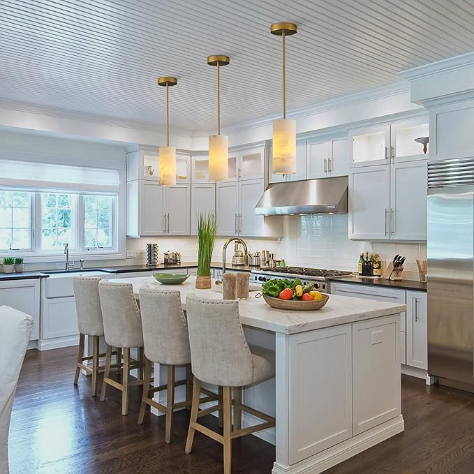 Alabaster Pendant Light Kitchen Island, H-9.5in Brass Pendant Light Fixtures with Natural Marble Shade, Adjustable Ceiling Pendant for Dining Room, Living Room, Bedroom & Bathroom