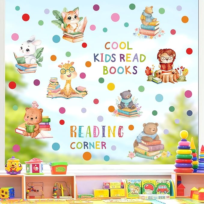 Reading Corner Decor,Reading Books Wall Decals,Learning Study Wall Stickers,Cartoon Animals Window Decals,Giraffe Bear Rabbit Read Books Stickers for Toddler Nursery Bedroom Classroom School