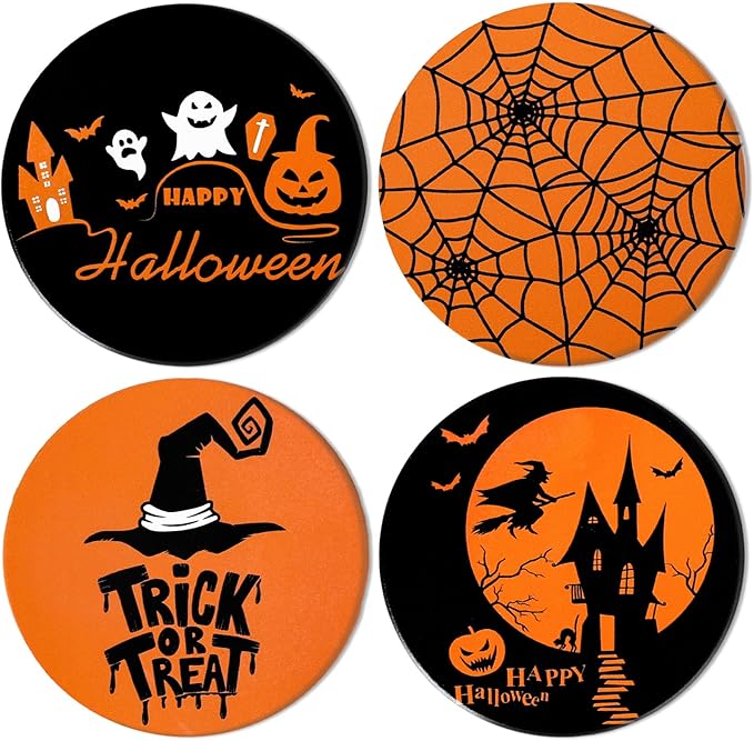 4Pcs Halloween Coasters Orange Black Round Ceramic Coaster Trick or Treat Heat-Resistant Cup Mats for Wooden Table Protection Home Party Supplies