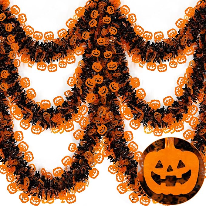 TURNMEON 2 Pack Halloween Garland Total 66 Ft Halloween Tinsel Garland with Black Orange Pumpkin Metallic Twist Black Tinsel Garlands Outdoor Halloweens Decorations Indoor for Home Mantle Door Tree