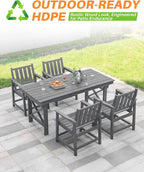 HDPE Patio Dining Set, 5-Piece Outdoor Table and Chairs with Umbrella Hole, Modern Outdoor Dining Set for 4, HDPE Outdoor Patio Furniture Dining Sets for Deck, Poolside, Porch, Smoke Gray