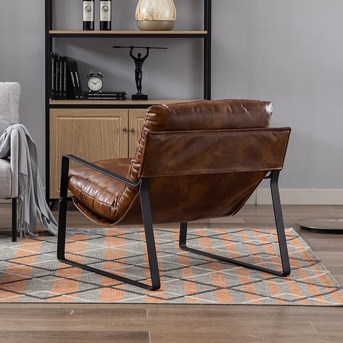 DUOMAY Mid-Century Accent Chair Armchair, Comfy PU Leather Leisure Chair Lazy Chair with Metal Leg for Living Room Bedroom Office Apartment, Brown