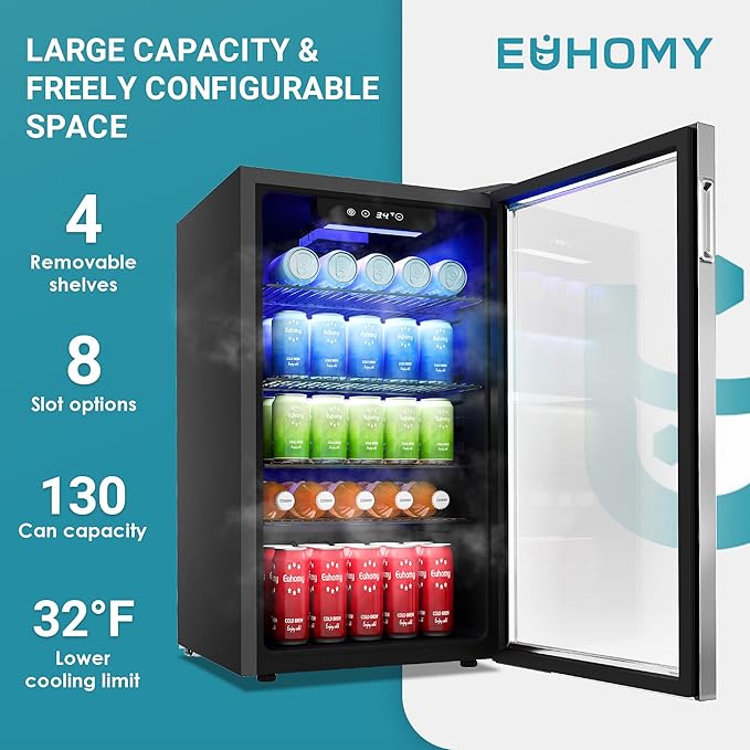 EUHOMY Beverage Refrigerator Cooler, 130 Can Mini Fridge with Glass Door for Soda Beer or Wine, Beverage Cooler for Home, Office, Bar with Adjustable Removable Shelves, Silver