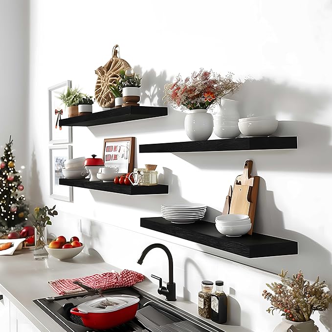 24 Inch Floating Shelves for Wall Rustic Black Wood Wall Shelves for Bedroom Set of 4