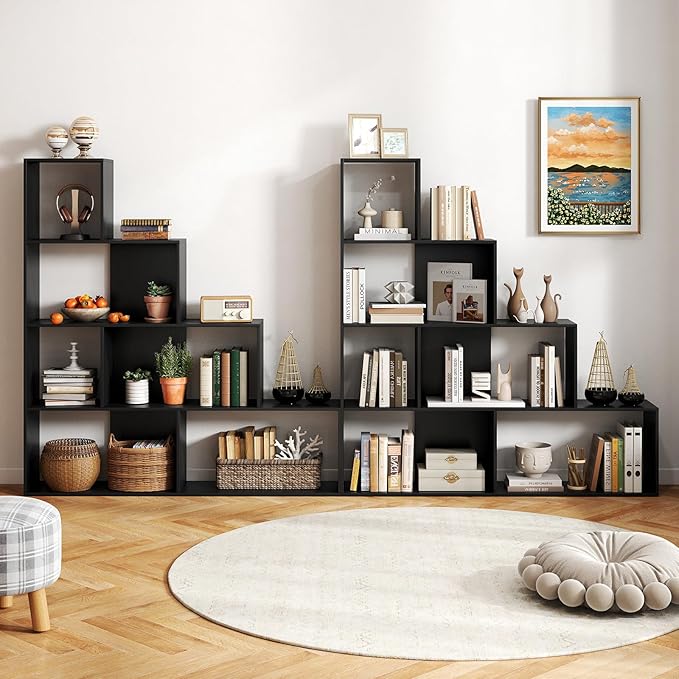 Tangkula 4-Tier Stepped Bookshelf, Freestanding 6 Cubes Ladder Bookcase with Anti-Tipping Kits, 64" Tall Modern Wooden Storage Display Rack for Home Office Living Room Study (2, Black)