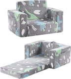 Toddler Chair Kids Couch, 2-in-1 Toddler Soft Sherpa Couch Fold Out Armchair with Removable Cover, Convertible Reading Chair Toddler Sofa for Kids, Glow in The Dark Plush Grey Dinosaur