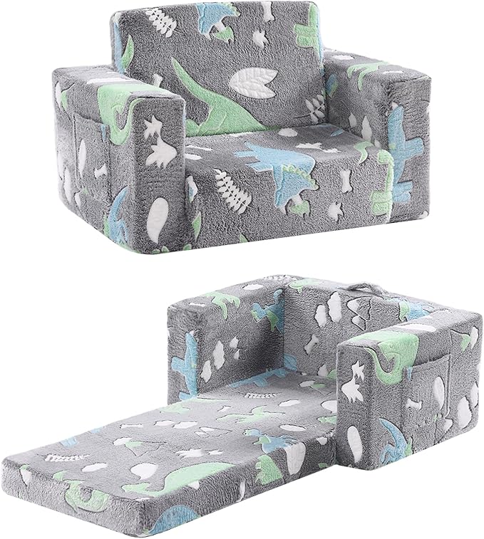 Toddler Chair Kids Couch, 2-in-1 Toddler Soft Sherpa Couch Fold Out Armchair with Removable Cover, Convertible Reading Chair Toddler Sofa for Kids, Glow in The Dark Plush Grey Dinosaur