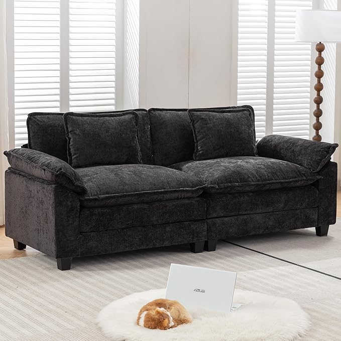 URRED Modular Sectional Sofa Comfy Cloud Couch, Modern Chenille Sofa Sleeper Deep Seat Couches with Ottoman/Pillows for Living Room (Black, 82.6'')