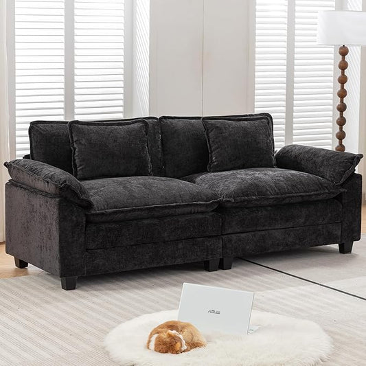 URRED Modular Sectional Sofa Comfy Cloud Couch, Modern Chenille Sofa Sleeper Deep Seat Couches with Ottoman/Pillows for Living Room (Black, 82.6'')