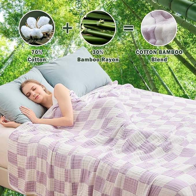 EMME Checkered Cotton Blanket Queen Size for Bed Soft Large Muslin Bed Blankets 80"x90" Lightweight Breathable Cooling All Season, Lavender