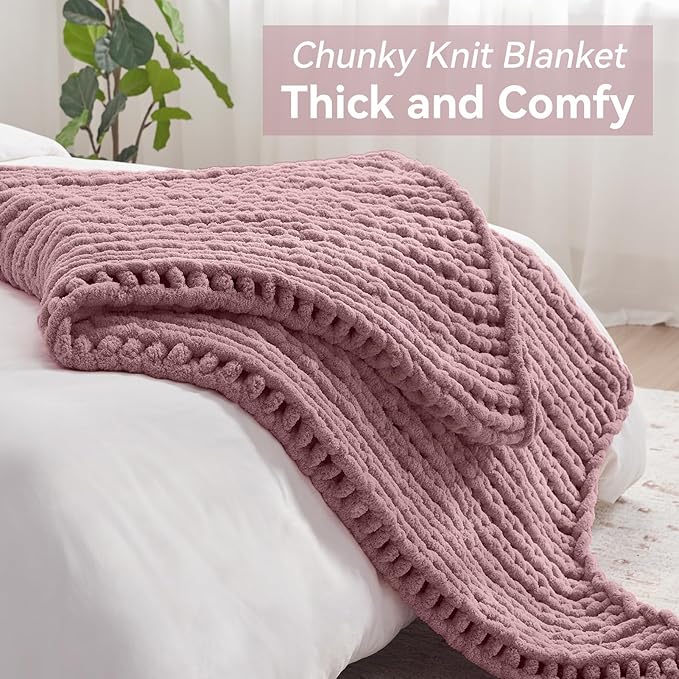 Chunky Knit Throw Blanket, 50''*60'' Knitted Throw Chenille Yarn for Bed Couch, Handmade Muted Pink Crochet Big Thick Blanket, Machine Washable Cute Comfy Blanket for Home Decor