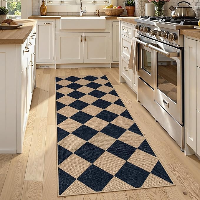 Lahome Checkered Easy Jute Runner, 2x6 Kitchen Runner Rug Non Slip Washable Outdoor Rug for Entryway Indoor, Checkerboard Black Indoor Outdoor Carpet for Hallway 6ft Entry Front Door