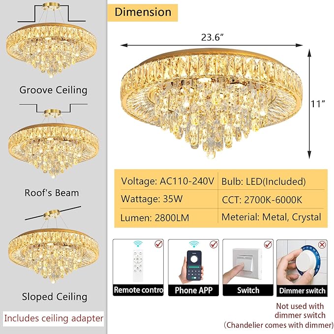 23.6'' Modern Crystal Chandeliers LED Dimmable Flush Mount Ceiling Chandeliers for Living Room Entrance Foyer Bedroom Gold