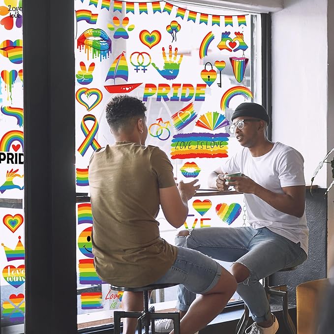 9 Sheets LGBT Rainbow Window Clings, Pride Decorations Window Cling, Gay Love Heart Stickers, Double-Side Pride Wall Clings Decals for Pride Day LGBTQ Rainbow Party Parades Supplies Decor