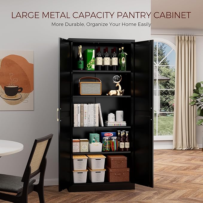 71" Tall Metal Pantry Cabinet, Black Kitchen Pantry Storage Cabinet with 4 Adjustable Shelves and Gold Handles, Cupboard for Kitchen, Dining Room, Living Room, Bathroom