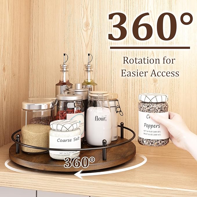 12" Lazy Susan Turntable Organizer,Round Wooden Lazy Susan Organization and Rotating Spice Rack for Dining Table,Pantry,Kitchen Countertop,Vanity,Cupboard and More.Vintage Wood(Round)