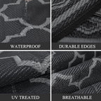 GAOMON Outdoor Plastic Straw Rug, 10'x14' Reversible Sage Green Patio Mat, Flower Modern Design for RV, Backyard, Deck, Camping, Picnic, Black/Grey(Geometric)