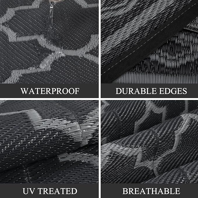 GAOMON Outdoor Rug 9'x12' Waterproof Rug for Patio Decor, Foldable Reversible Plastic Straw Area Rugs Mat for Camper, Outside Carpet for Deck, Porch, Picnic, Beach, Black/Grey(Geometric)