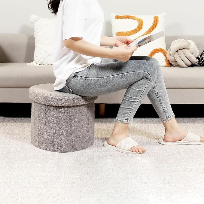 B FSOBEIIALEO Storage Ottoman Cube, Heart Shaped Ottomans with Storage Foot Stool Footrest for Lving Room, Boucle Ottoman Seat for Dorm Room,Faux Teddy Fur, Grey 15"x15"x15"