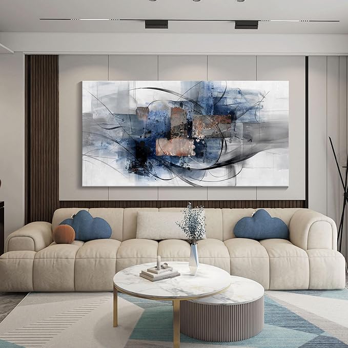 Mofutinpo Canvas Wall Art for Living Room, Bedroom, Office - Large Wall Art Decor - Abstract Wall Art - Modern Black and White Paintings,Blue and Grey Wall Decor, Artwork and Pictures for Wall 24×48