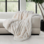 Mon Chateau Premium Reversible Queen Size Luxury Faux Fur Throw for Couch, Sofa, or Queen Size Bed - Plush Cozy Soft Blanket for Sleeping or Home Décor, 60" x 70" (Ivory Jacquard)