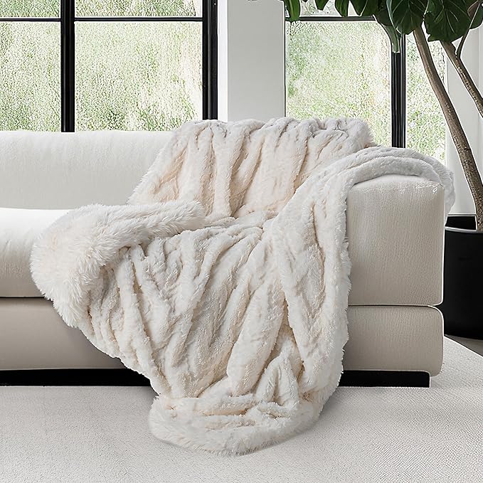 Mon Chateau Premium Reversible Queen Size Luxury Faux Fur Throw for Couch, Sofa, or Queen Size Bed - Plush Cozy Soft Blanket for Sleeping or Home Décor, 60" x 70" (Ivory Jacquard)