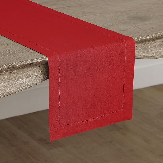 Solino Home Linen Red Table Runner 60 Inches - Classic Hemstitch, 100% Pure Linen Coffee Table Runner 14 x 60 Inch Ideal for Dresser Tables