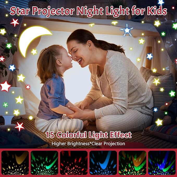 Star Projector Night Light for Kids, Baby Night Lights with Snowflake & Starry Theme, 360 Degree Rotation, 15 Mode Color Changing, Birthday Gift Toys