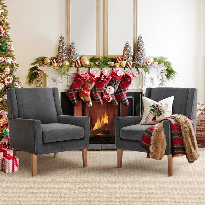 COLAMY Modern Wingback Living Room Chair Set of 2, Upholstered Fabric Accent Armchair, Single Sofa Chair with Lounge Seat and Wood Legs for Bedroom/Office/Reading Spaces, Gery