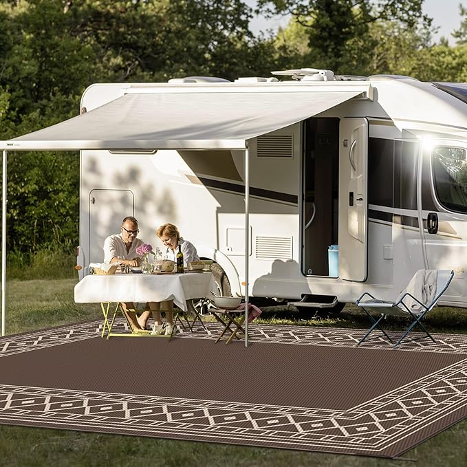 GENIMO Outdoor Rug Waterproof for Patio, 10'x14' Foldable Reversible Plastic Straw Carpet for Travel Trailers, Outside Area Mat for Rv, Deck, Picnic, Porch, Camper, Balcony, Beach, Coffee & Beige