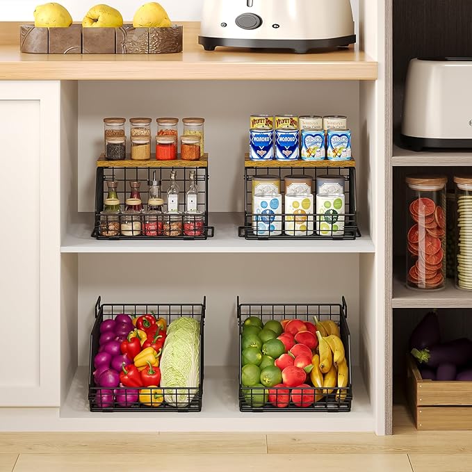 X-cosrack 2-Tier Stackable Wire Baskets for with Wood Lid, Wall Hanging Baskets for Potato and Onion Storage, Fruit Basket for Kitchen Counter, Metal Baskets for Snack Produce Cans