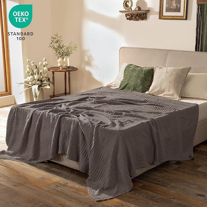 PHF Cooling Waffle Blanket Queen Size, Lightweight 60% Rayon Derived from Bamboo & 40% Cotton Breathable Blanket for Hot Sleepers, Soft and Luxury for Bed Couch and Sofa, 90"x90", Dark Grey
