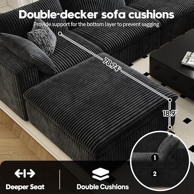 LoveSeat Cloud Couch Modular Sectional Sofa for Living Room,Modern Sofa with Deep Seat，2 Seater Boneless Couch with Ottoman,Comfy Upholstered Couches for Apartment, Studio, Office,Bedroom，Black