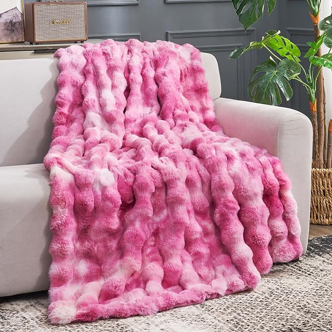 Cozy Bliss Faux Fur Throw Blanket for Couch, Fuzzy Soft Plush Thick Bubble Blanket for Sofa Bedroom Living Room, 50 * 60 Inches Tie Dye Pink