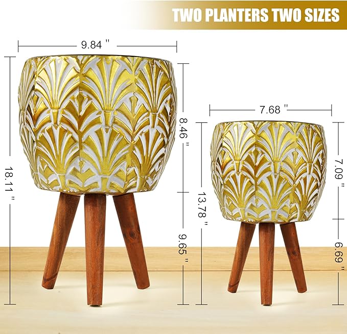 Harvest Land Plant Pots with Stand, Set of 2 Large Modern Planters Metal Tall Handmade Flower Pots with Drainage Holes Indoor Outdoor,Gold
